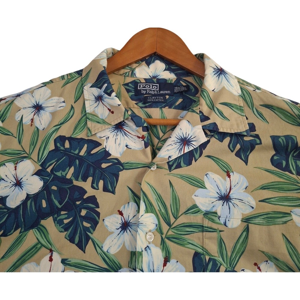 Vintage Polo Ralph Lauren Clayton Shirt Men's Large Tan Hawaiian Camp Floral 90s